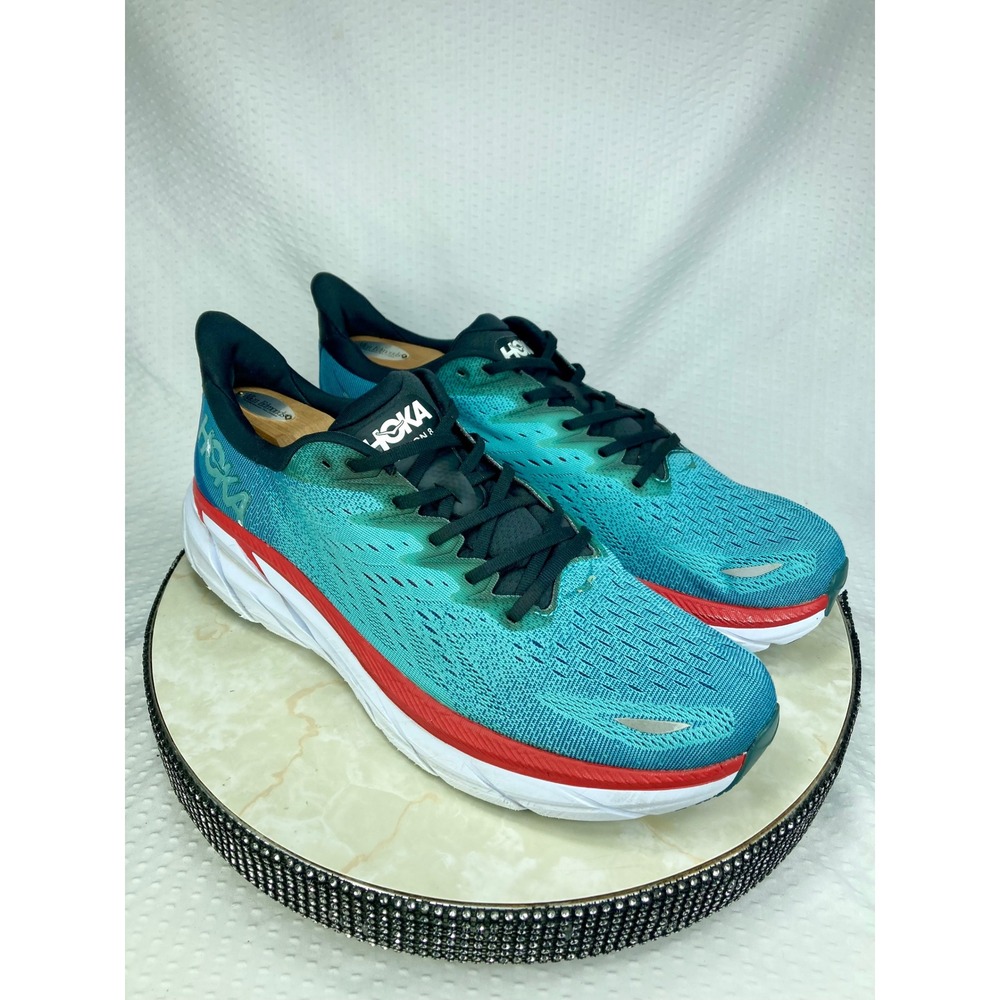 Hoka One One Clifton 8 Running Shoes Mens 14 Teal Red Training Sporty Sneakers